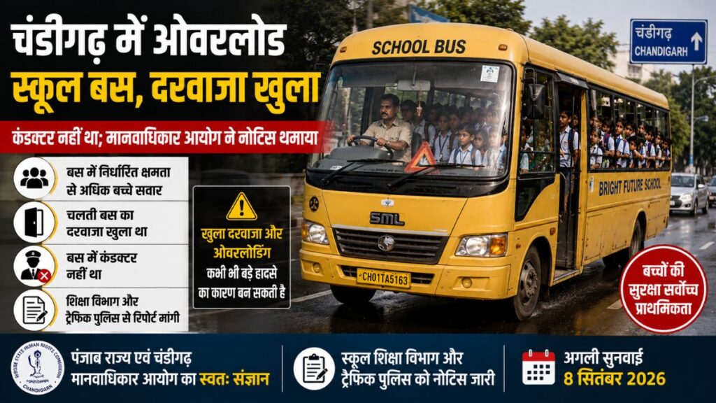 Chandigarh School Bus Safety: चंडीगढ़ में खुले दरवाजे और बिना कंडक्टर दौड़ रही थी ओवरलोड स्कूल बस, मानवाधिकार आयोग ने दिया नोटिस