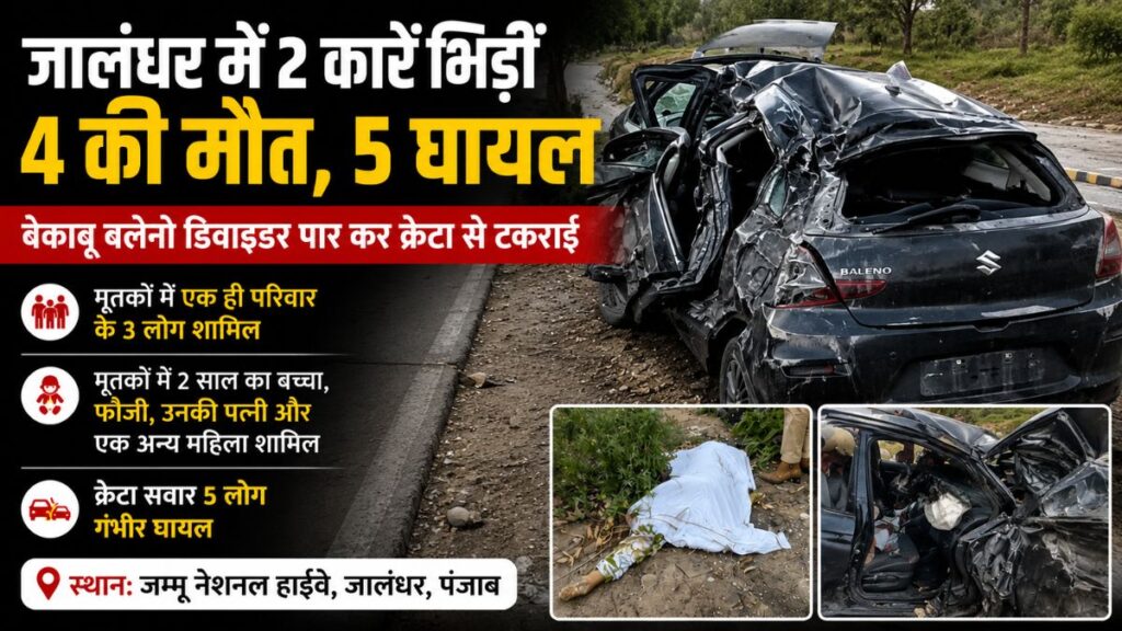 Jalandhar News: जालंधर में 2 कारें भिड़ी, डिवाइडर पार कर दूसरी लेन में पहुंची बलेनो, हादसे में 4 की मौत, 5 घायल