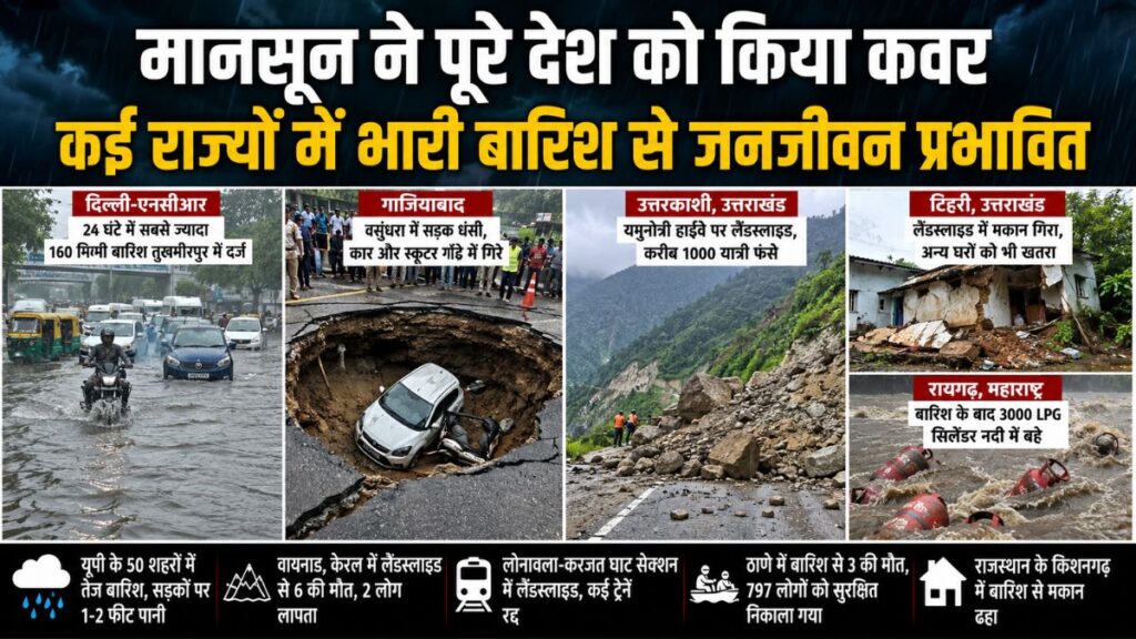 Monsoon India 2026: देशभर में मानसून पूरी तरह सक्रिय, तेज बारिश से गाजियाबाद में सड़क धंसी, उत्तराखंड में लैंडस्लाइड से हाईवे बंद