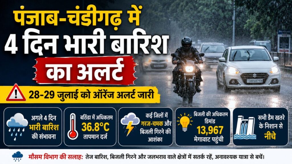 Punjab Weather: पंजाब में सक्रिय मानसून, कई जिलों में भारी बारिश-बिजली गिरने की चेतावनी, 28-29 जुलाई के लिए ऑरेंज अलर्ट