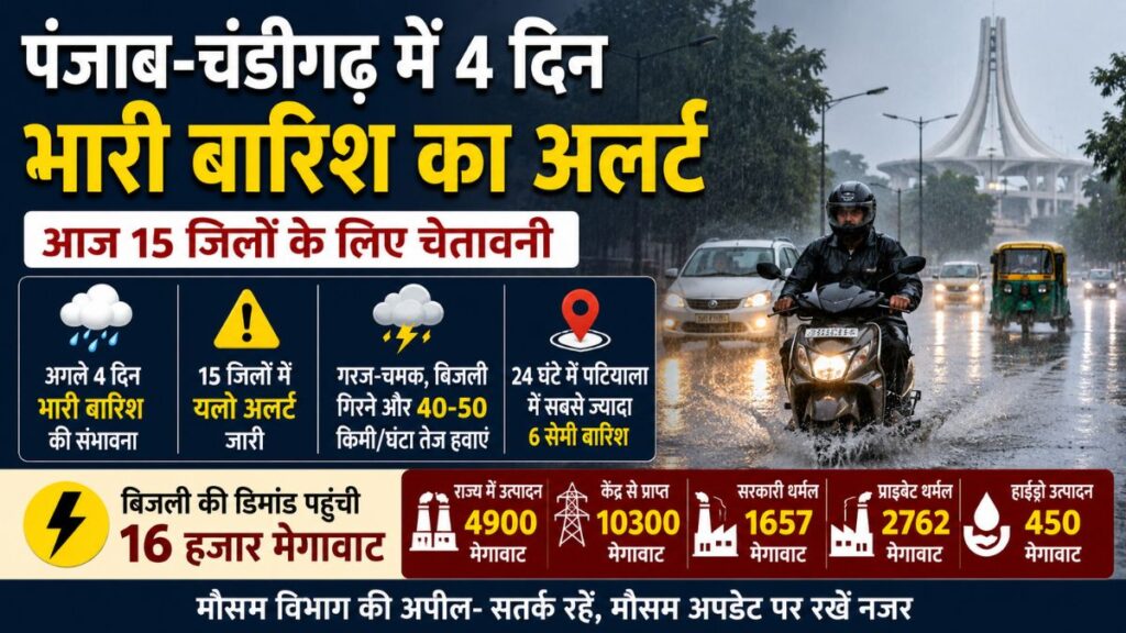 Punjab Weather Update: चंडीगढ़ समेत पूरे पंजाब में अगले 4 दिन भारी बारिश का अलर्ट, कई जिलों में आज बारिश और तेज हवाओं की चेतावनी