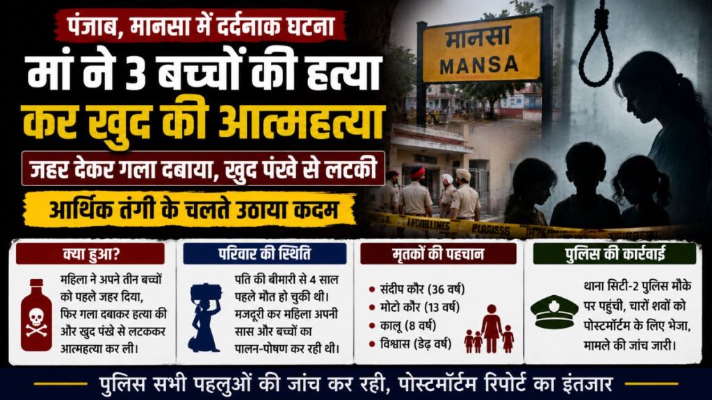 Punjab News: मानसा में महिला ने तीन बच्चों की हत्या के बाद पंखे से लटक कर की आत्महत्या, पुलिस सभी पहलुओं की जांच में जुटी