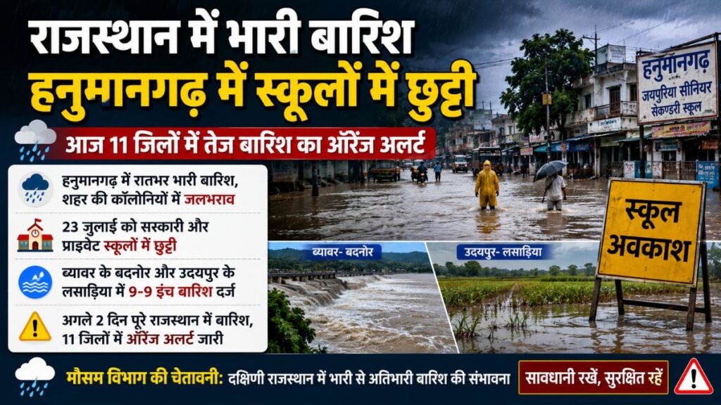 Rajasthan Weater: राजस्थान में बारिश का कहर, हनुमानगढ़ में भारी बारिश के चलते स्कूल बंद, 11 जिलों में ऑरेंज अलर्ट