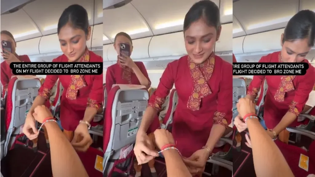 Air Hostess Rakhi: "मुझे तो ब्रो-जोन कर दिया!" एयर इंडिया की फ्लाइट में एयर होस्टेस ने बांधी राखी, पैसेंजर का मजेदार रिएक्शन