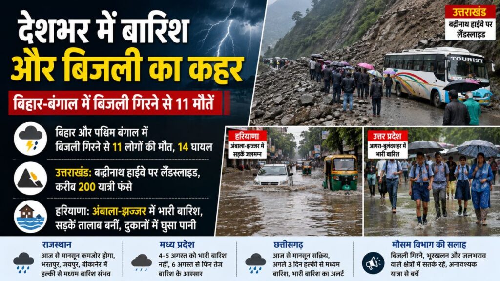 देशभर में बारिश का असर: बिहार-बंगाल में बिजली गिरने से 11 मौतें, बद्रीनाथ हाईवे पर लैंडस्लाइड से 200 यात्री फंसे