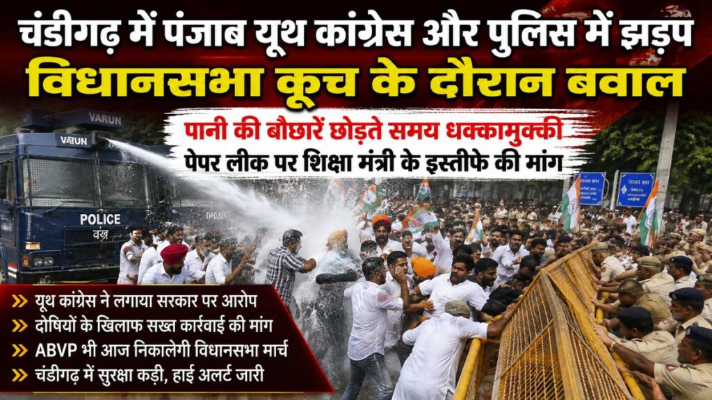 चंडीगढ़ में पेपर लीक पर यूथ कांग्रेस का प्रदर्शन: प्रदर्शनकारियों और पुलिस में झड़प, विधानसभा कूच के दौरान वाटर कैनन चला