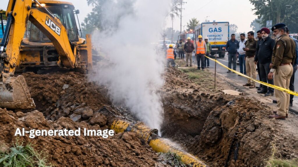 मोहाली में JCB की खुदाई से टूटी गैस पाइपलाइन, तेज दबाव से हवा में उछली मिट्टी; मौके पर पहुंची टीमें