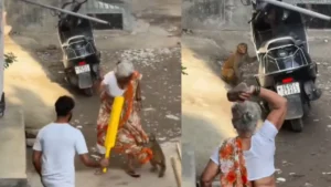 Monkey Viral Video: 'दादी vs बंदर' का महामुकाबला, भगाने के लिए उठाया डंडा, तो उल्टा दादी के ही गले पड़ गया जिद्दी बंदर